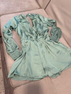Sage Green Satin Long Sleeve Romper